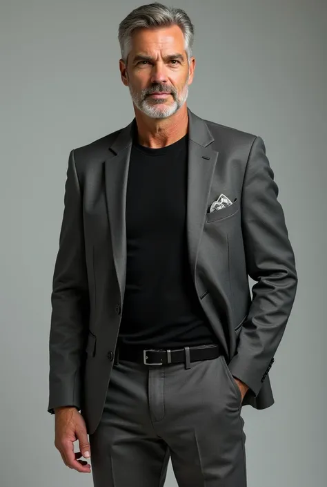 Man  wearing   blazer with black t shirt inside and grey pants