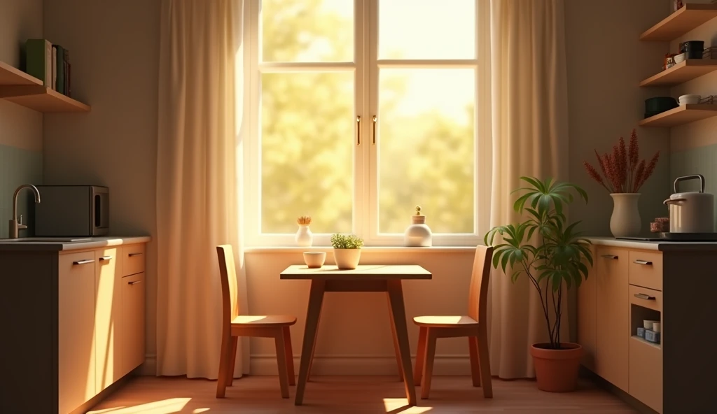 A realistic photograph of a simple and cozy kitchen with a small table and two chairs, the morning light coming through the window, creating a soft, warm glow; a cup of coffee is on the table, untouched, evoking a sense of stillness and contemplation — Pho...