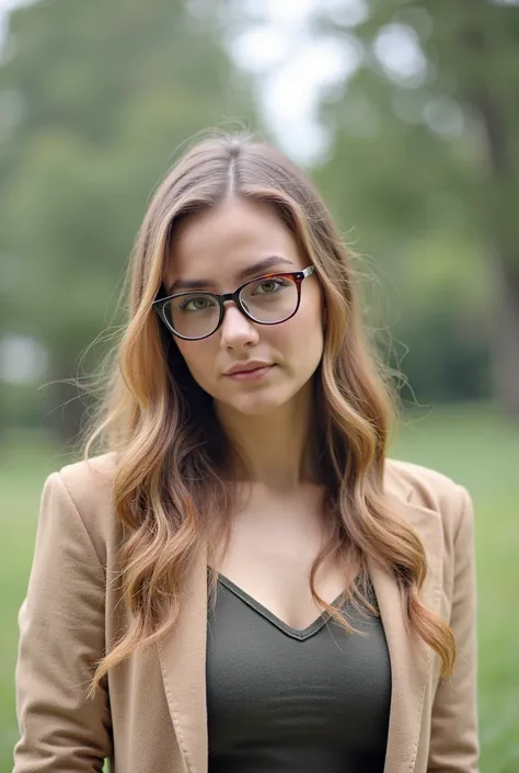 A high-society girl wearing glasses and tying up her hair.