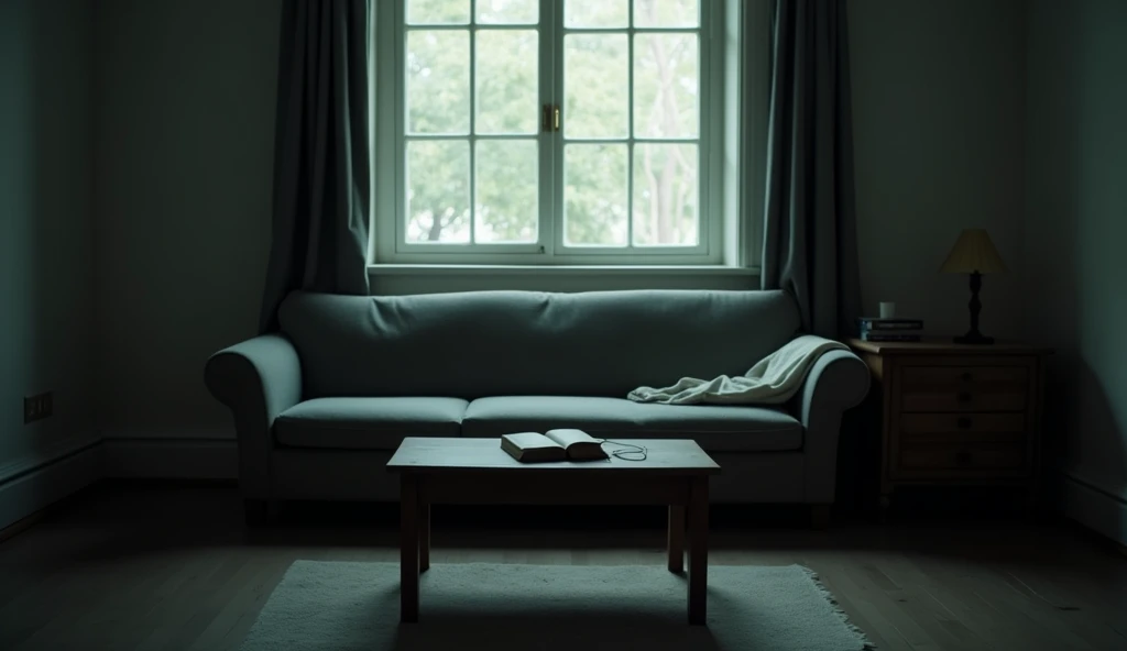 A realistic photograph of the apartment&#39;s small, dimly lit living room, with a gray sofa, a coffee table with an old diary and a large window with slightly closed curtains; the room seems silent, Melancholic, with soft light filtering through, creating...