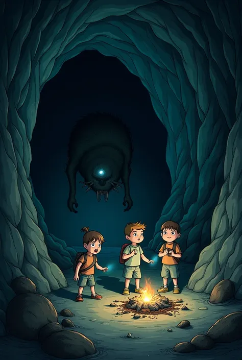 A dark and gloomy cave with mold on the walls in this cave at the bottom there is a campfire some kind of creature and around this fire three boy explorers and a girl is in front of it they shine their flashlight on this creature and are terrified by what ...