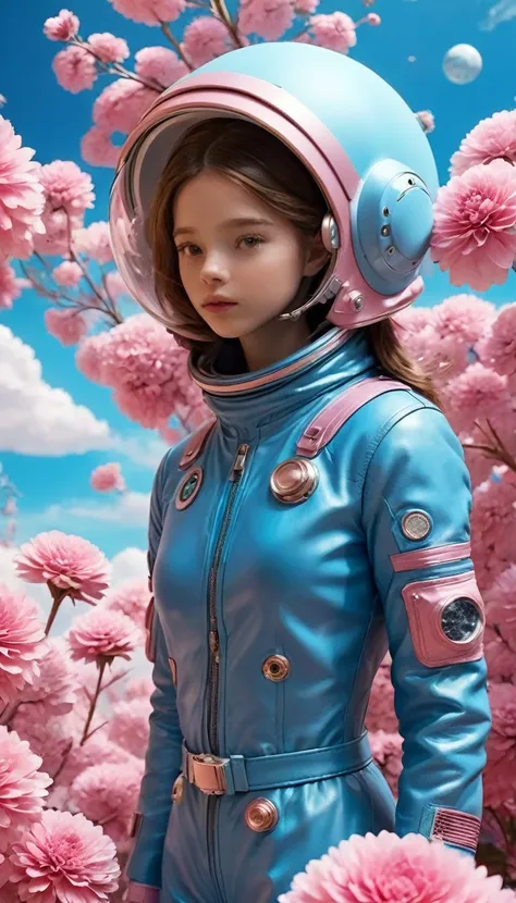 1 girl, Blue leather coat,，Astronaut walks among flowers with pink clouds， astronaut，Astronauts cannot leave this planet，Astronauts are lost in the boundless space.