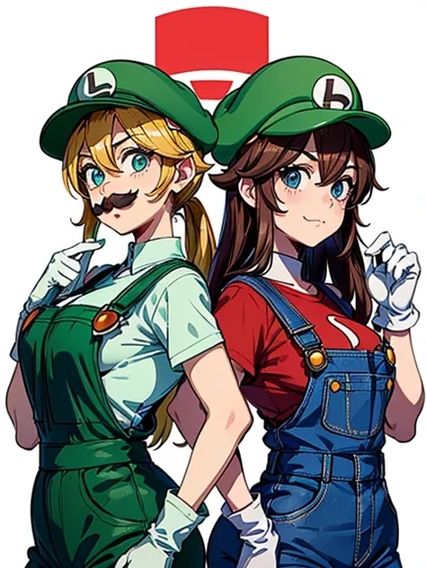 2 girls, (girl cosplaying as Mario and girl cosplaying as Luigi, {[a girl dressed as Mario has brown bob hair and Brown big eyes, super cute slightly round face, is wearing Marios red Casquette, (fake mustache), a red shirt, blue overalls, and white gloves...