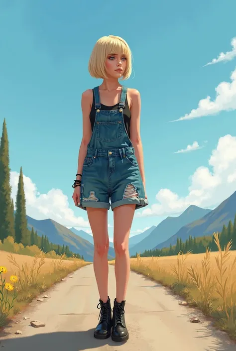 Standing, Solemn, Short straight blonde hair, Denim dress, Black tank top, Black shorts, Torn fabric detail, Black boots, bracelet, Outdoor, Country Road, Distant Mountain々, Sunshine, Natural light, Clear blue sky, Daytime, casual, A strong and focused atm...