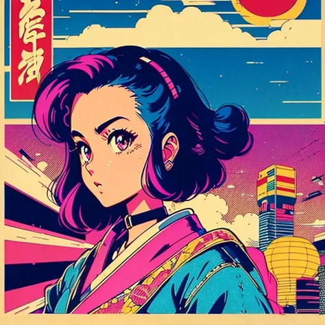 Retro Japanese poster, vintage japanese poster, Kira, futuro 80’s, ultra detailed, 80’s, intricate details , vaporwave, retrowave, back to the future. 