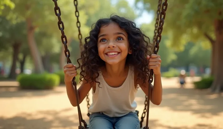 A realistic photograph of Luísa, a young Latina girl around  with curly dark hair and big brown eyes, wearing a casual outfit, playing on a swing in a sunny park, looking up with a bright and innocent smile; the atmosphere is light and joyful, capturing he...