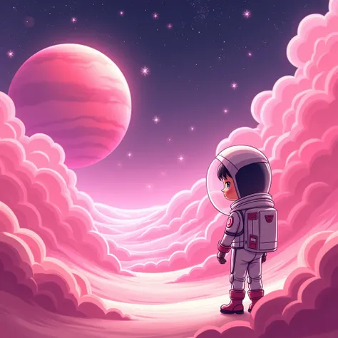 "The background is a layered pink color, with a pink planet Mars in the left corner, and twinkling stars scattered throughout the picture. There is a cartoon girl with short hair wearing a spacesuit in the right corner."