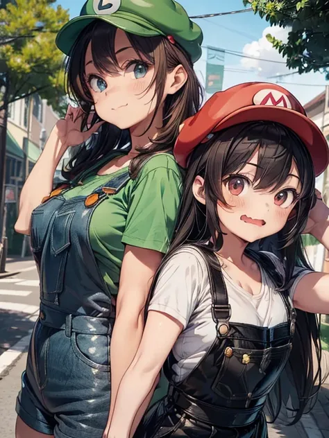 2 girls, (girl cosplaying as Mario and girl cosplaying as Luigi, {[a girl dressed as Mario has (brown bob hair) and Brown big eyes, super cute slightly round face, is wearing Marios red Casquette, (fake mustache), a red shirt, blue overalls, and white glov...