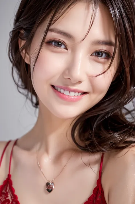 Highest quality、8k、Representative works:1.3)、Beautiful woman、One Woman、(Chest、Attractive body:1.2)、Dark Brown Hair:1.1、(Wet body:1.2)、Ultra detailed face、Detailed lips、Detailed eyes、double eyelids、Backlight、color々Hair style、Smiling with a smile、Red lace on...