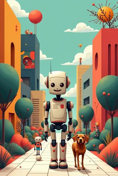 Using geometric shapes, colors and strokes, faça um robô andando feliz featuring seu CACHORRO ( living being ) in the middle of a square, featuring *robot kids playing ball*,  female robots talking to each other,  etc. i.e., make an art in which in the fut...