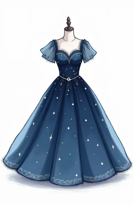 Sketch a celestial-themed dress with a deep, midnight blue color. The bodice can be adorned with tiny, twinkling star details, and the skirt should be wide and flowing with subtle sparkles. Add a crescent moon-shaped brooch at the waist.
In cute cartoon ch...