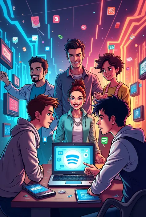 draw facebook page cover with 820x312 as a comic design for digital store that called Revival Premium store that sold spotify and entertainment platform ,education platform and vpn and other digital platform