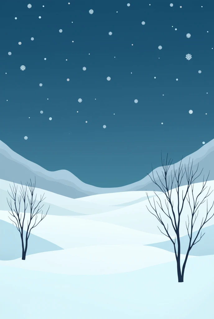 "Create a minimalist landscape depicting falling snow, inspired by the style of Olly Moss. Use simple silhouettes and contrasting colors to capture the essence of winter. The sky should be a deep, cold blue, with soft white snowflakes gently falling. In th...