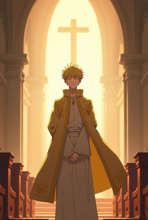 My hero academia A young man with short, blonde hair that reached his neck and his eyes tightly closed, with a gentle smile, fair skin, wearing a yellow-patterned khaki priest robe, and standing in a church.