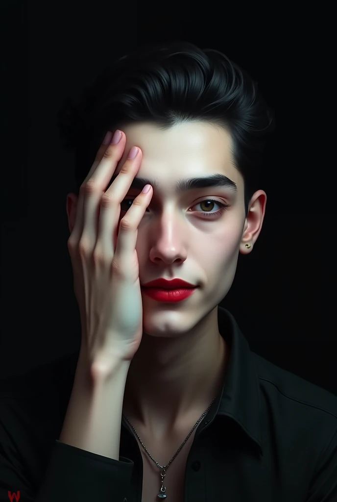 Terlan Parvaneh, while the black background is behind the picture, and his palm covers half of his face and looks forward with a smile, has white skin, black hair, and red lips.  And the image should be a real photo  