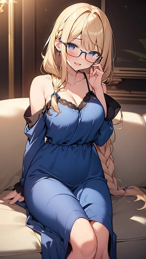 (Masterpiece, Top quality:1.5), (1 beautiful girl, solo:1.2), (short height:1.3), Long Hair, blonde:1.2, Braided hair, Wavy Hair, (sitting on the sofa), Black glasses, (Ample breasts:1.1), cleavage ,beautiful scene of living room,  (blue Satin Nightgown sl...