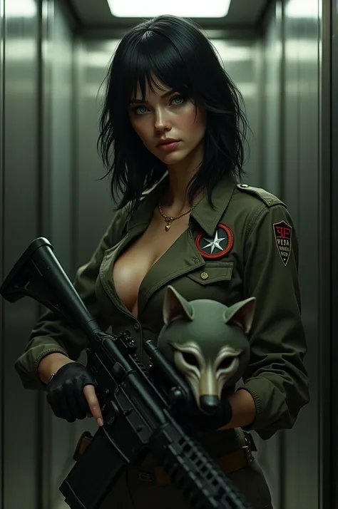 A beautiful woman, inside an elevator, wearing a military uniform, holding a machine gun in her right hand while her left hand holds her wolf mask. Her hair is black, reaching her shoulders and green eyes, and her eyelashes are long. Her skin is bronze and...