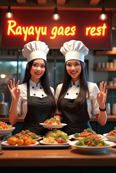 Two beautiful women with long, neat hair, Indonesian faces, wearing chef&#39;s uniforms, Black and White Clemek, White Chef&#39;s Hat, Being in a chafing kitchen, Smiling holding food on the table with a large tray, Like a 3 oval plates, the right hand sho...