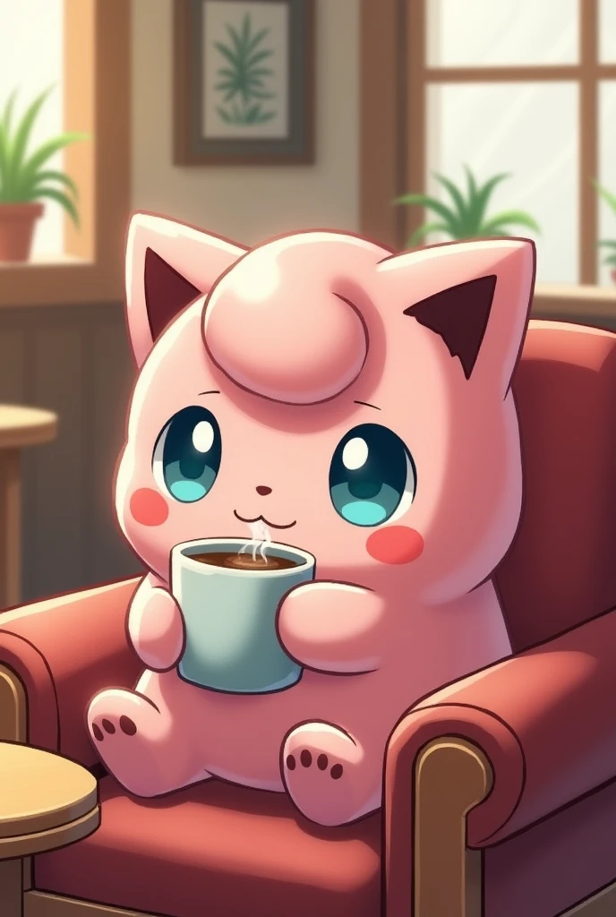 Very cute Jigglypuff Pokémon drinking coffee 