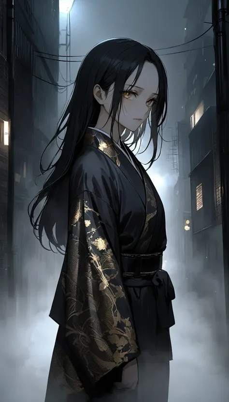 Realistic texture。Realistic。Realistic skin texture。4DCG。A black silk kimono embroidered with gold patterns。In the fogでの美しさ,In the fog。Standing in an alley。Black belt。Expressionless。Super long black hair。forehead,Foggy Sky。 Beautiful golden eyes。Chin up。Por...