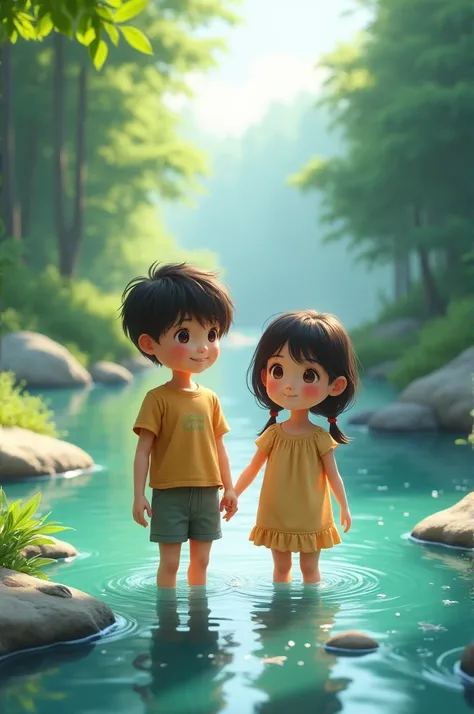 A boy and girl same age like  stanimg in a river 