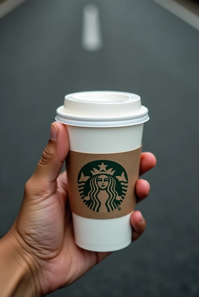 Holding a Starbucks cup , closeup only hand with cup pic , bit tanned skin color, background is tar road , hyper realistic 