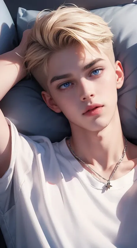 A teenager boy, blondie short hair, 1, blue eyes like a rubi, pale skin, rose lips, a soft scar in your eyebrow, perfect color contrast. he dressed shirt design of dalmatian dogs skin, facial expression like gay twink boy. his background with some kind of ...