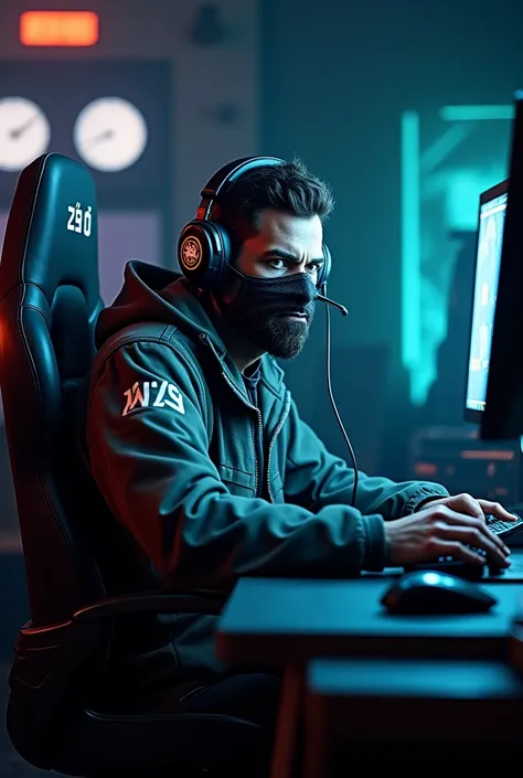 COD warzone character Horangi with his in game mask, sitting infront of a gaming pc wearing gaming headsets, streamer POV