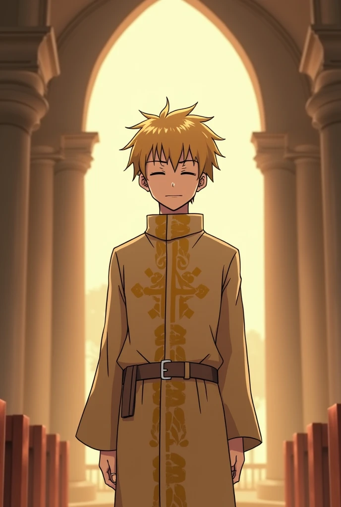 My hero academia A young man with short, blonde hair that reached his neck and his eyes tightly closed, with a gentle smile, fair skin, wearing a yellow-patterned khaki priest robe, and standing in a church.