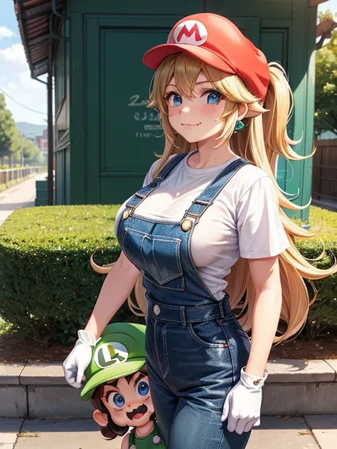 2 girls, line up, (girl cosplaying as Mario and girl cosplaying as Luigi, {[a girl dressed as Mario has (brown bob hair) and Brown big eyes, super cute slightly round face, is wearing Marios red Casquette, (fake mustache), a red shirt, blue overalls, and w...