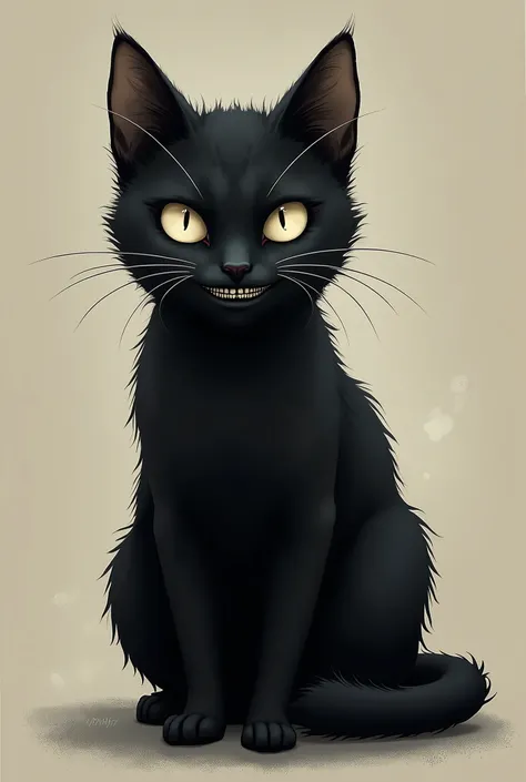 The eyes are not drawn. A black cat is sitting and looking at you. It is smiling eerily. The illustration is about two heads tall. The body is small.
