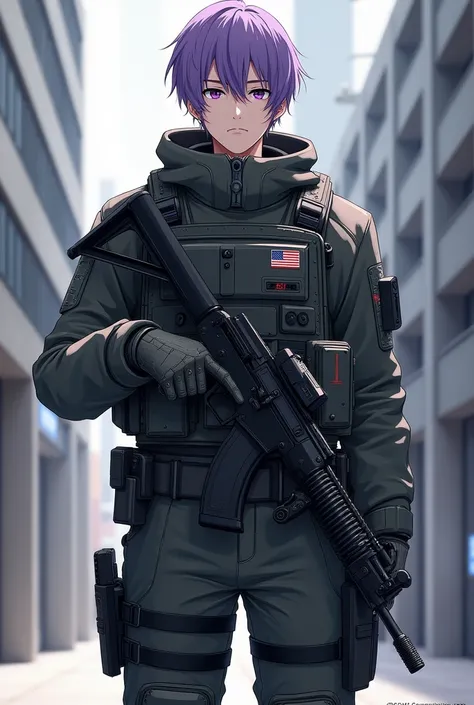 1male, adult man, tall height, thin adult male build, violet short hair, violet eyes, military uniform urban camouflage with body armor and pockets, AK-103 rifle in hands, M9 Beretta pistol in holster, M9 bayonet in leg pocket, piercing serious calm look, ...