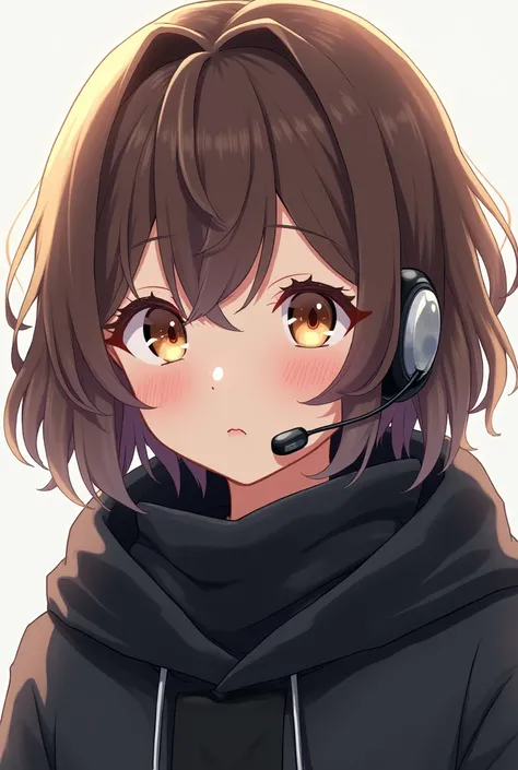 Anime teenage girl, brown hair with brown eyes, wearing a black hoodie, wearing a headset, wearing a black scarf, light brown eyes 