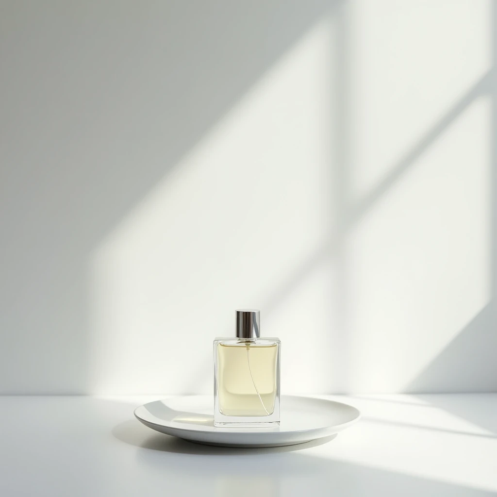 A photograph with no people, featuring a light gray background. A flat, plain white plate is placed on a white surface, with sunlight streaming in. On the plate, a perfume bottle is elegantly arranged, creating a simple and refined composition.