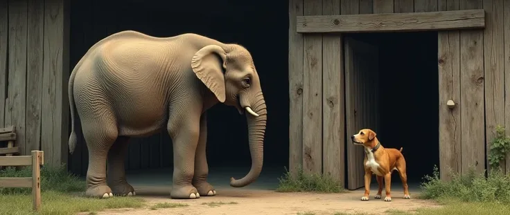 Elephant standing forlornly by the stable entrance watches dog departure.