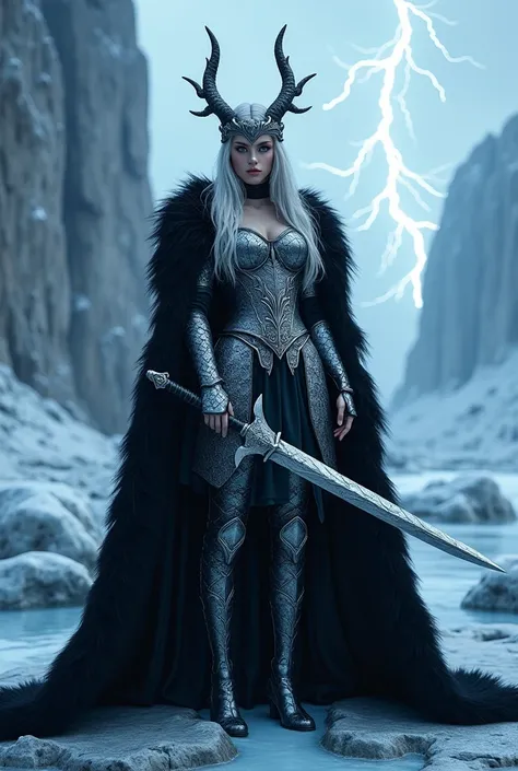 ((better qualitative)) , (detailed), Visenya Targaryen Dazzling, Black Dragon Armor, iceberg,swimpool,Beautiful oriental dragon girl,Dragon horn headdress,,long silver hair,big breasts,Wear silver dragon scale armor,Hold the knife handle in your hand,The b...