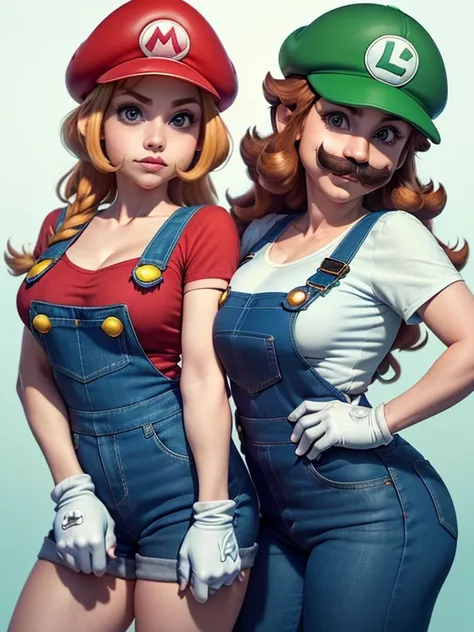 2 girls line up, (girl cosplaying as mario and girl cosplaying as luigi, a girl dressed as mario has {brown bob hair} and brown ...