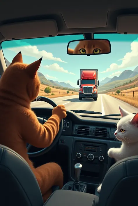 draw a brown male cat who is driving the car and a white female cat is sitting next to him. and a truck is coming to them st a very high speed from the front. show the cars front mirror scene 