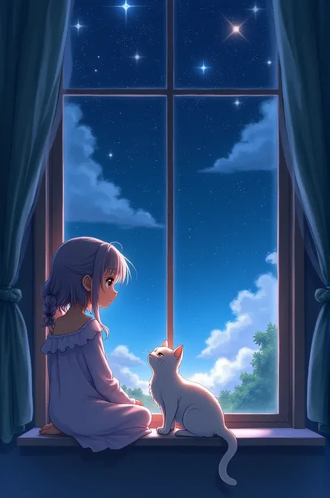 A anime girl sitting on the window with cat in night, that girl looking at the stars 