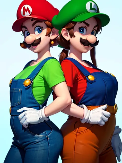 2 girls line up, (girl cosplaying as mario and girl cosplaying as luigi, a girl dressed as mario has {brown bob hair} and brown ...