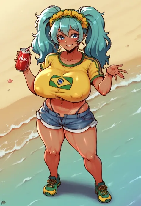 Brazilian Miku, dark skin, Brazilian sportswear, blue big twin ponytails, Super huge big breasts breast enlargement, standing alone on the beach, blue eyes, floral headdress, soda in hand, tanned denim shorts, full-body shot, shy smile, ultra-detailed, HDR...