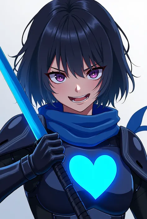 Generate a girl with black short hair and has bangs and she is smiling and she wear an black armor with blue heart on the middle and she is holding a color blue knife and has bandana on her head color blue and she has a killer face smile
