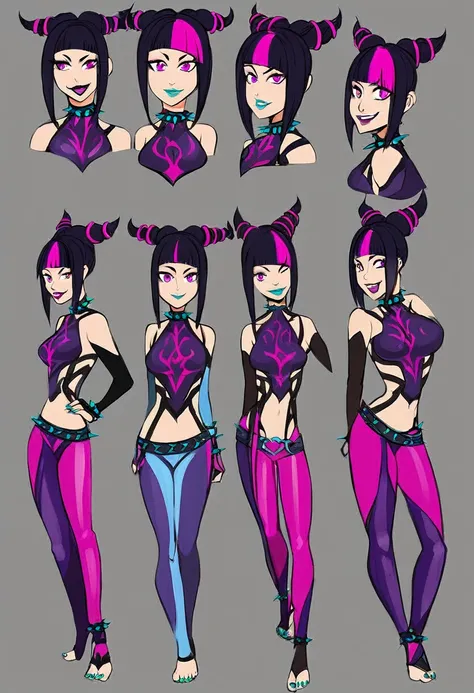 Juri , black hair,two-drill hair, purple iris, detailed eyes, bangs, multicolored hair,streaked hair, makeup, lipstick fingerless gloves,multiple belts, collar, spiked bracelet, aqua nails, chaps, baggy pants,toeless legwear, standing, upper body, evil smi...