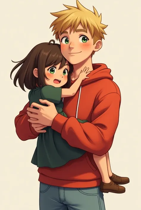 A sporty boy(red hoodie and light blue jeans), as 1,80m tall, blondes hair, big green eyes, big smile, hugs a shy girl(dark green summer dress), as 1,65m, brown shoulder-length hair, dark green eyes 