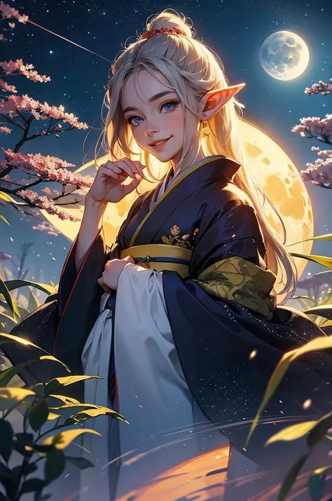 Bust-up of a smiling elf in a kimono gazing at the full moon and Milky Way galaxy in the forest