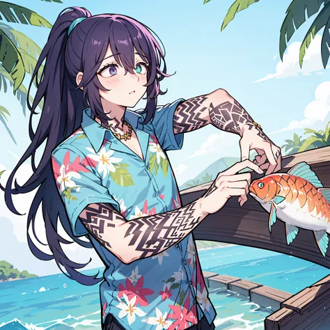 honglu, ponytail, grey eyes, heterochromia, hawaiian shirt, short sleeves, necklace, arm tattoo, 1boy, fishing, carp in the hand...