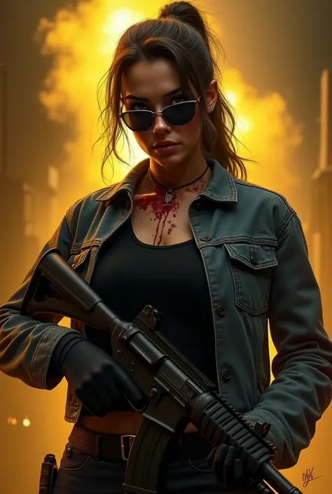 The women waring a denim and black t shirt and waring a sunglasse and holding a big gun with some blood on hus nack and a background like dark them with some warm yellow light. Angry, and his standing 