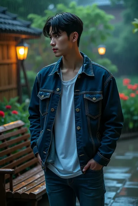 prompt
(top best Quality)(master piece)( ultra high resolution)(8k UHD)(perfec of face idols)(Photorealistic)
a handsome Korean man with short hair parted on the side, jaket blue jeans, White shirt, long blue jeans pants, black shoes, whole body wet, the h...