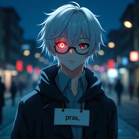 Create cosplayer Gojo Satoru realistic;
{background: night}, white skin,
HDR, handsome, full body, age 20, name card: “Pras”, male, white hair, short hair, red eye, glow light, use glasses