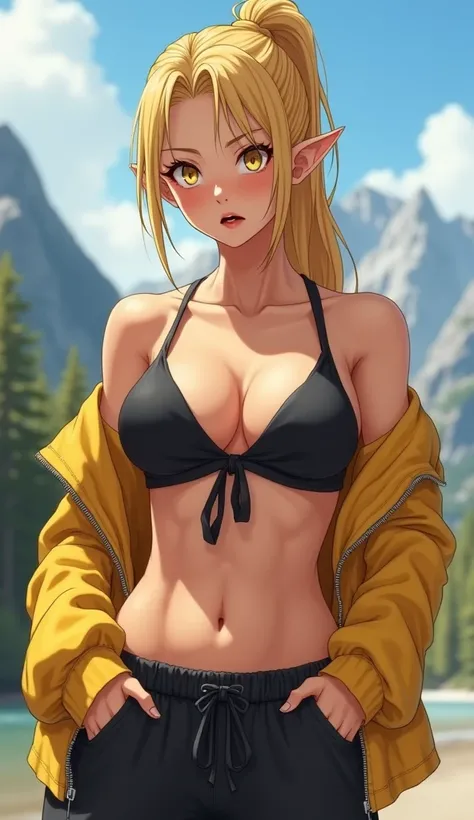 　
1girl，baggy clothes，belt，bikini，bikini top only，black bikini，blonde hair，borrowed character，cropped jacket，medium chest，front-tie top，midriff，{{{outie_navel}}} ，open fly，pointy ears，swimsuit，unzipped，yellow eyes，{{{long pony tail hair}}}，yellow jacket，ta...